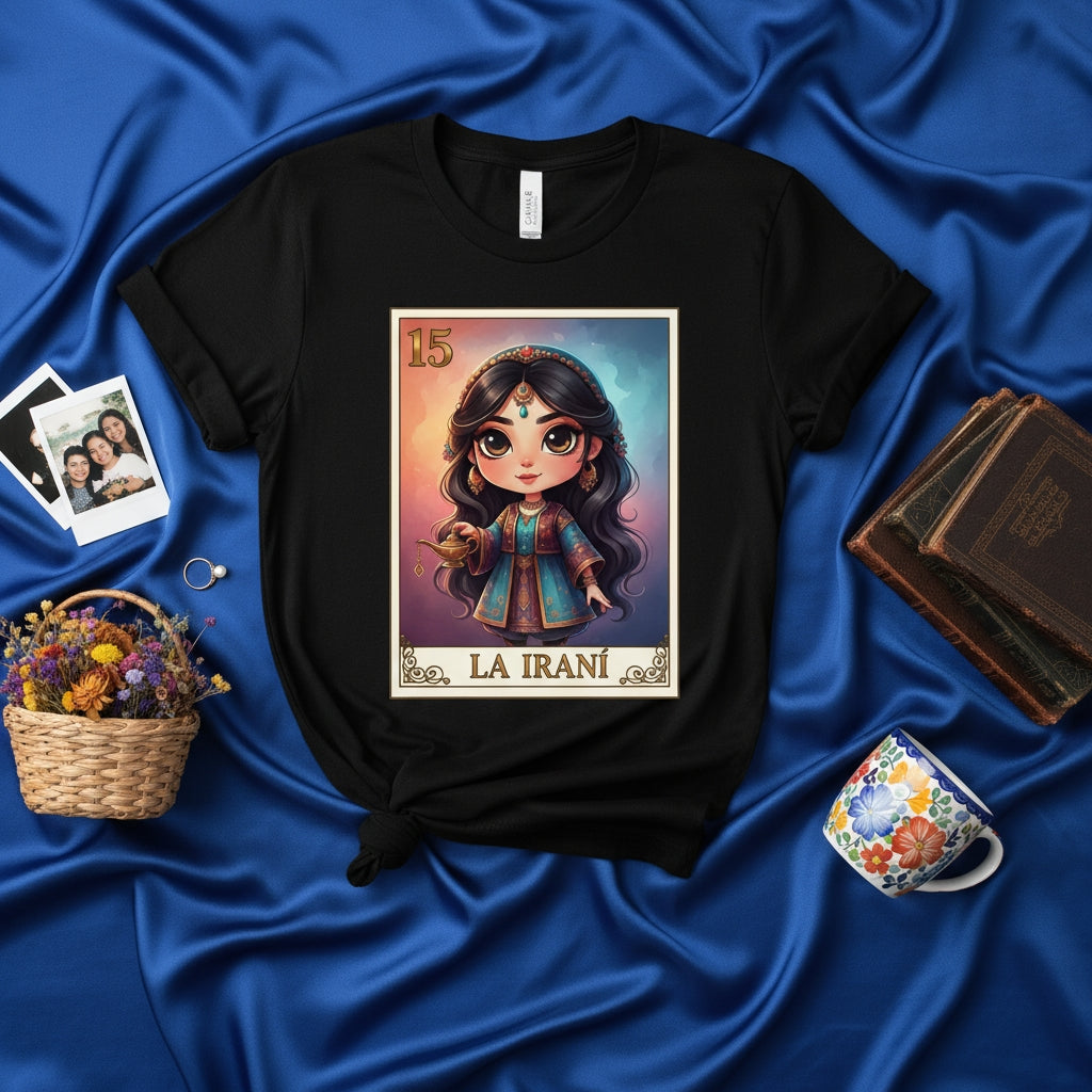 LA IRANÍ La Lotería Card 15 T-Shirt | Cute Chibi Woman Persian Costume Graphic Tee | Unisex Mexican Bingo Game Fan Gift Apparel