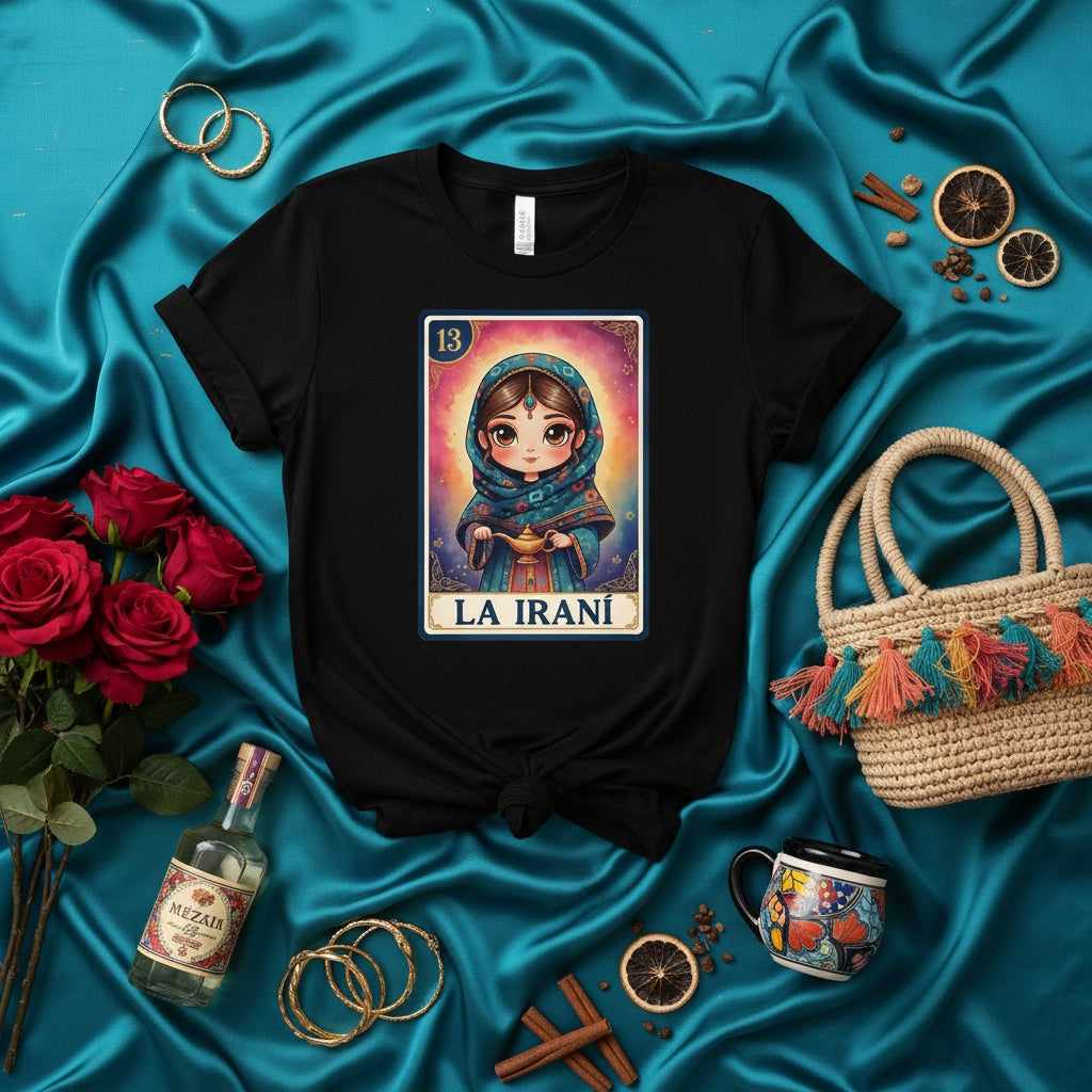 LA IRANÍ - La Loteria Card 13 Persian Girl Graphic Tee - Unisex Black T-Shirt with Iranian Inspired Art Print - Traditional Game Design Apparel Gift Idea