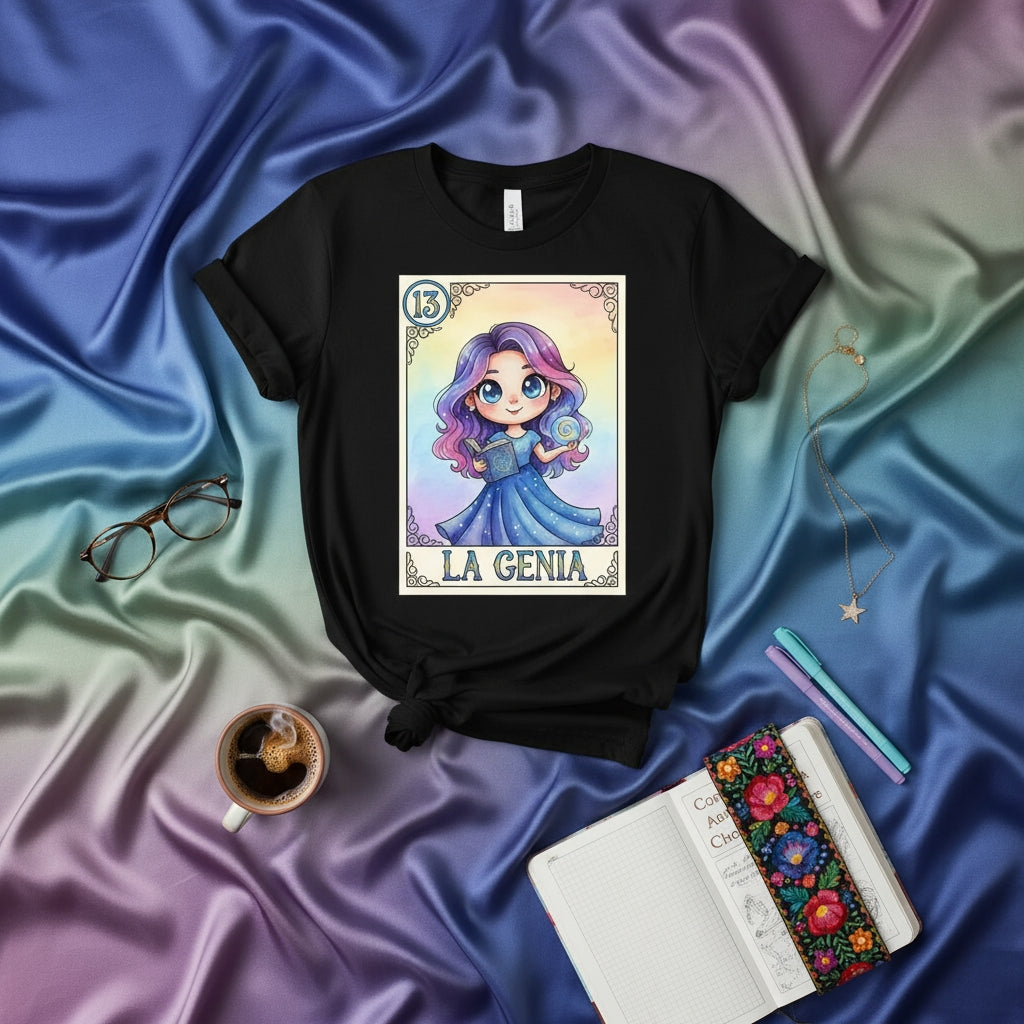 LA GENIA Loteria Card T-Shirt, Cute Cartoon Girl with Blue Dress and Purple Hair, Mexican Bingo Game Design, Number 13, Unisex Graphic Tee Gift
