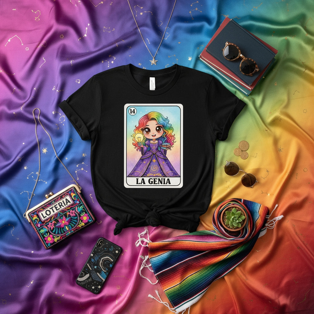 LA GENIA Loteria Card Rainbow Hair Genius Girl Graphic Tee Black Unisex T-Shirt, Mexican Bingo Game Inspired, Colorful Magical Art Print Clothing