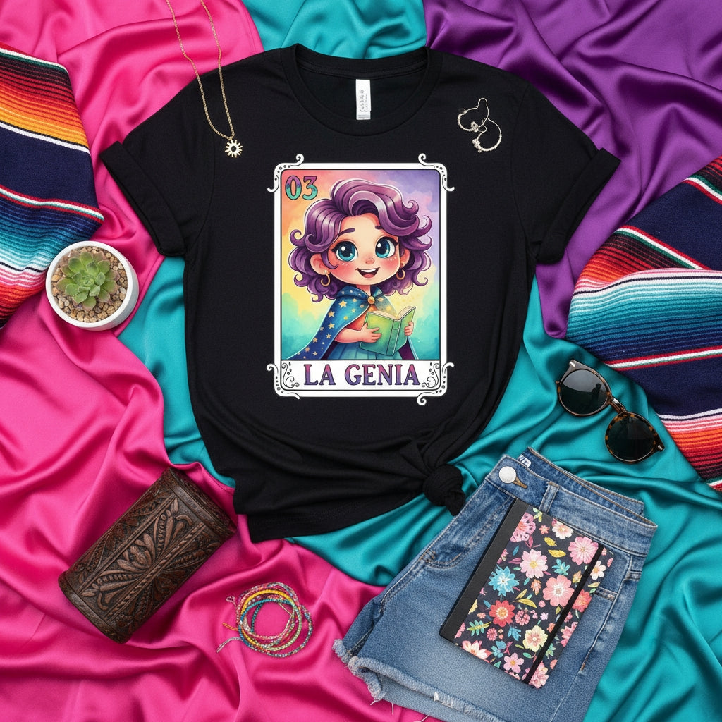 LA GENIA Loteria Card T-Shirt Cute Cartoon Magical Girl Reading Book Graphic Tee Unisex Gift Idea