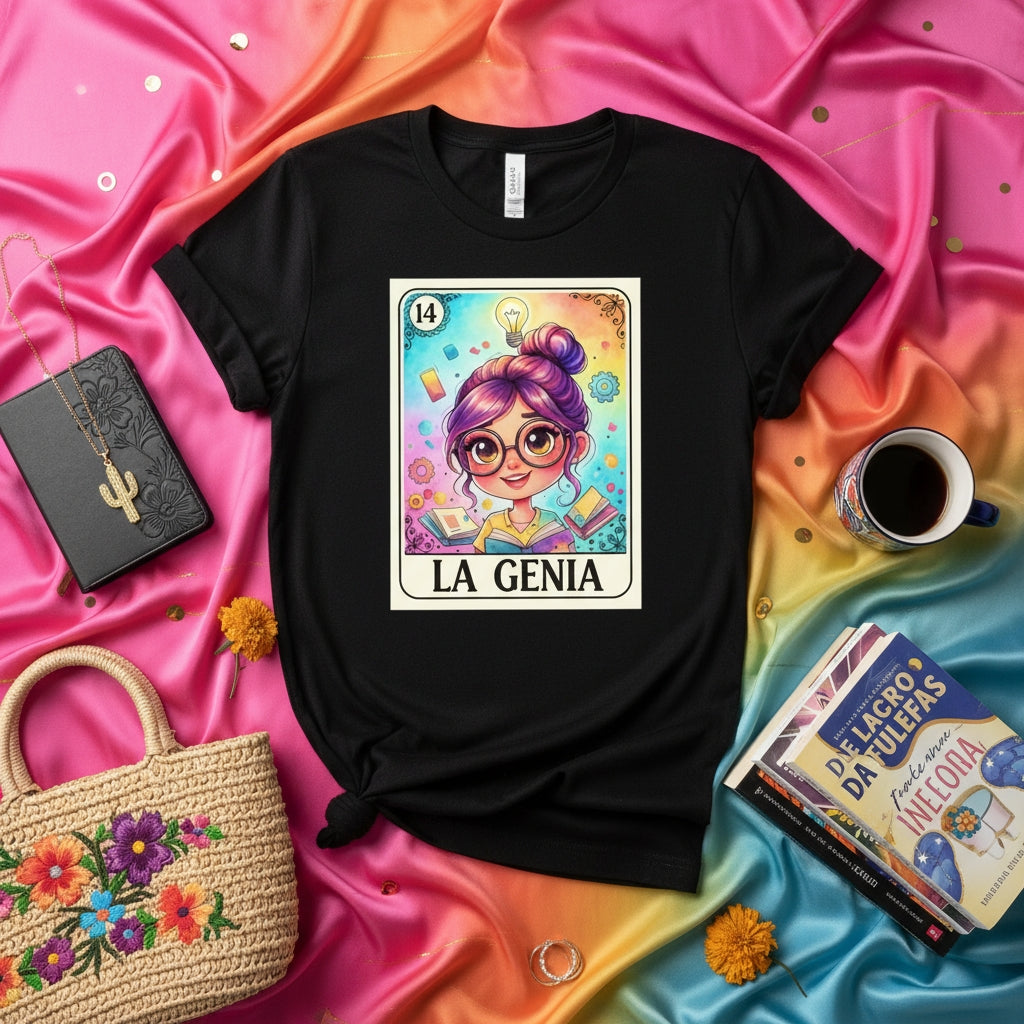 LA GENIA Smart Woman Loteria Card T-Shirt Cute Mexican Bingo Game Design Funny Gift for Genius Girls and Book Lovers Unisex Tee Shirt Graphic Print Short Sleeve Top for Teachers Students and STEM Careers