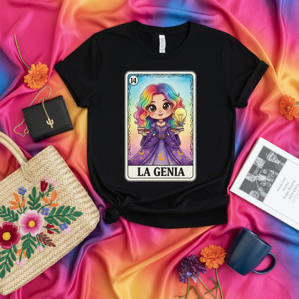 LA GENIA Loteria Card T-Shirt, Cute Rainbow Hair Genie with Lightbulb and Books Graphic Tee, Funny Mexican Bingo Game Inspired Unisex Shirt Gift