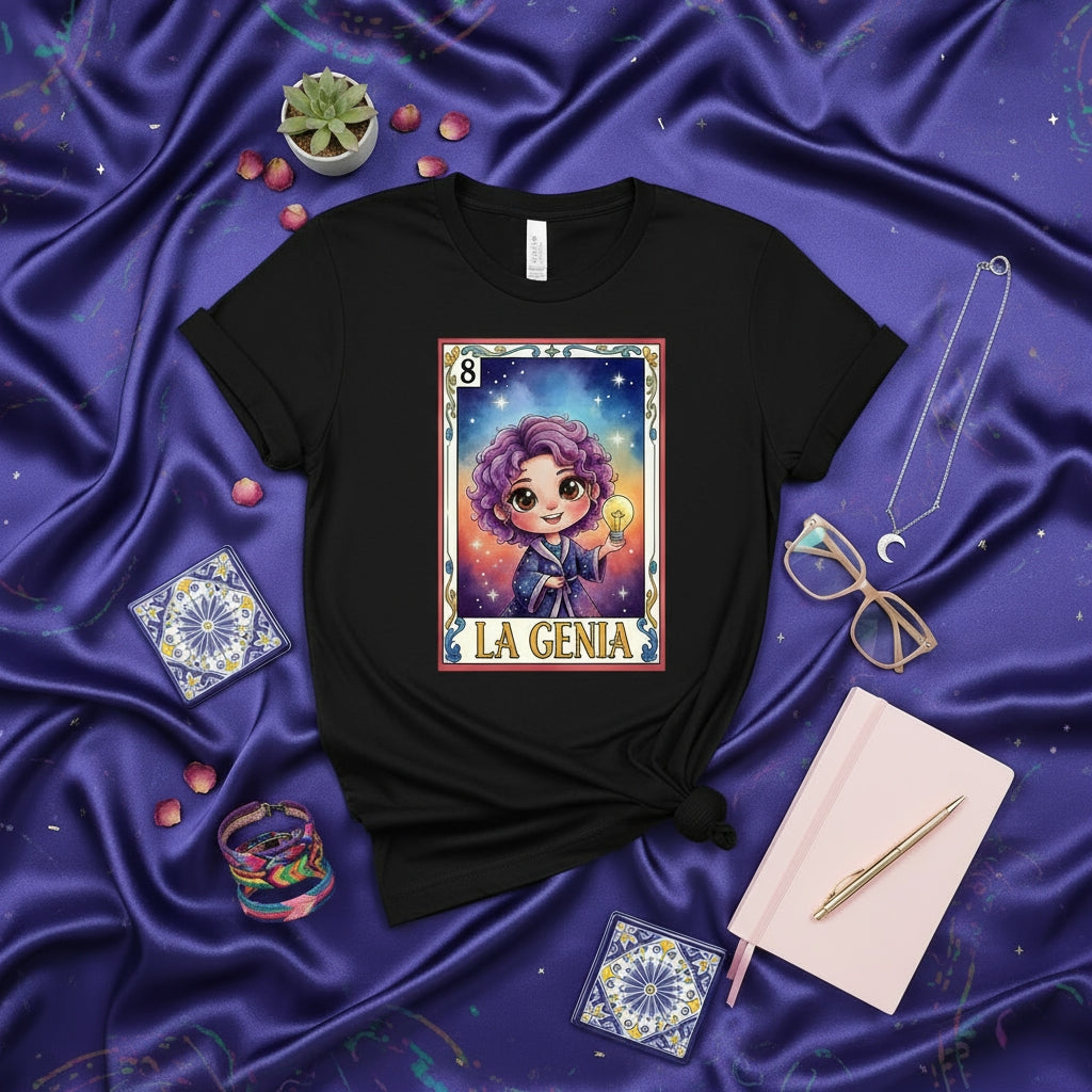 LA GENIA Lotería Card T-Shirt: Chibi Woman Holding Lightbulb Tarot Style Design, Number 8 Mexican Bingo Art Tee, Purple Hair Mystic Short Sleeve Unisex Shirt