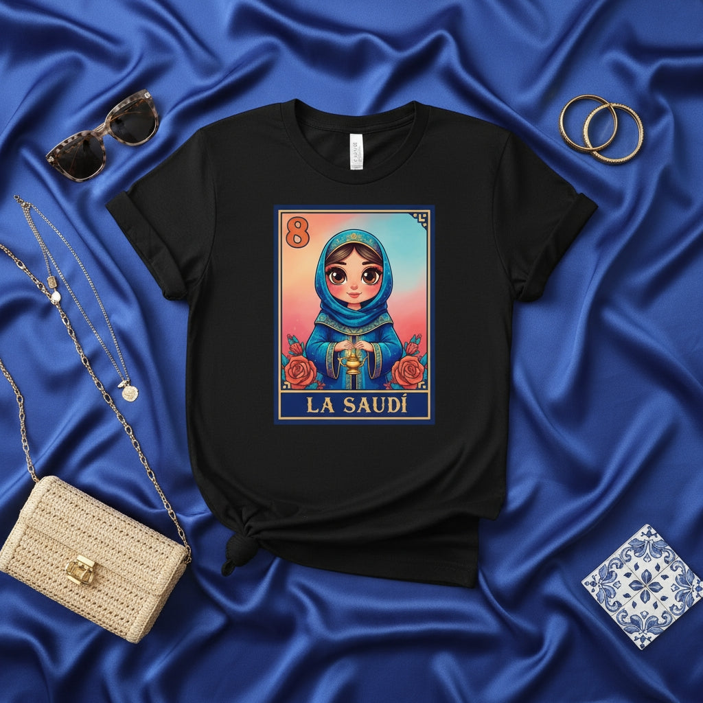 LA SAUDÍ Middle Eastern Woman Arabian Princess Lotería Card T-Shirt Unisex Graphic Tee Arabic Culture Fashion