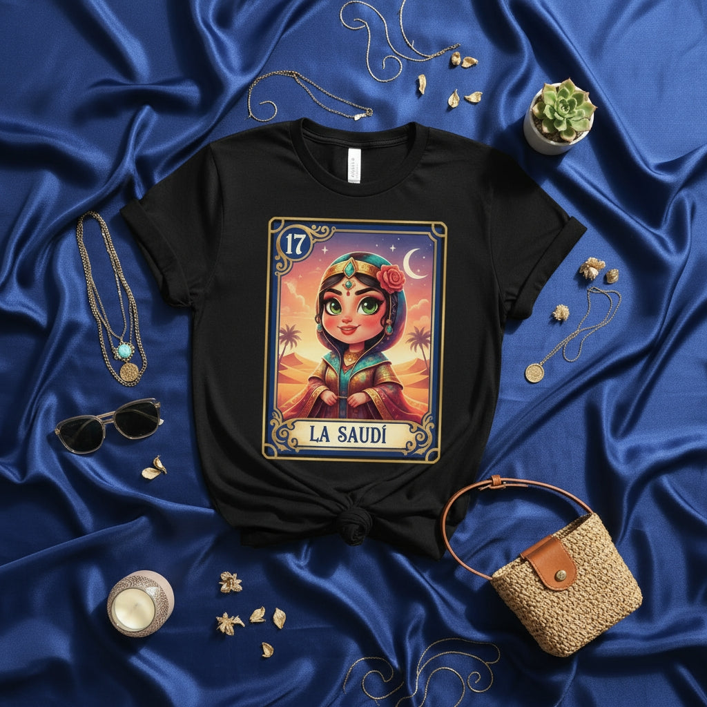 LA SAUDÍ Middle Eastern Desert Princess Loteria Card Art Unisex T-Shirt - Cute Arabian Woman Design Tee Shirt - Unique Mexican Bingo Style Game 17 Top