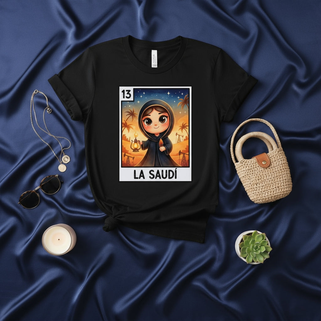 LA SAUDÍ Loteria Card Style T-Shirt - Saudi Girl with Lantern Desert Design, Number 13 Mexican Bingo Game Unisex Graphic Tee Gift Idea