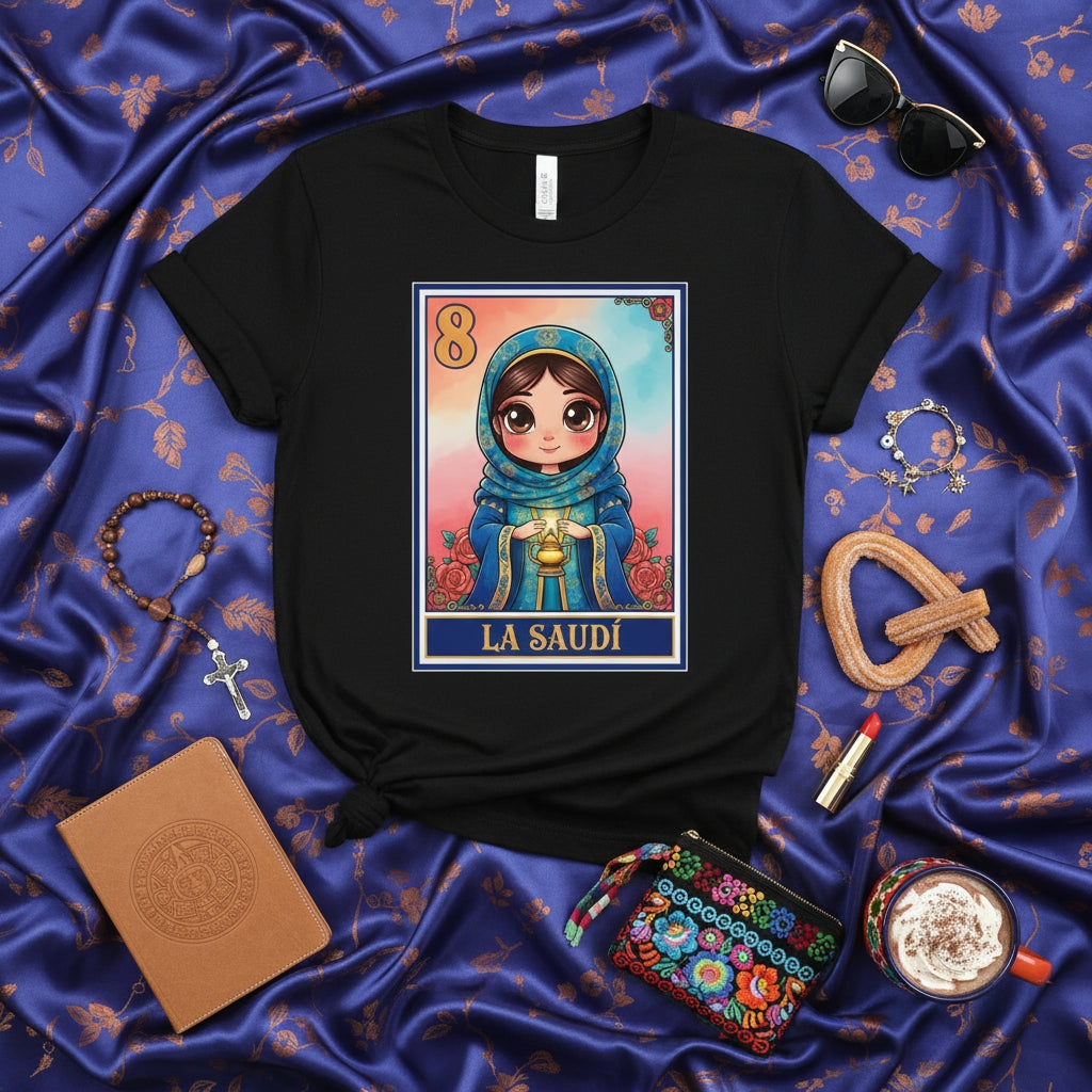 LA SAUDÍ Cute Chibi Saudi Woman Islamic Hijab Loteria Card T-Shirt - Mexico Culture Arabic Girl Gift Tee - Number 8 La Saudita Merch