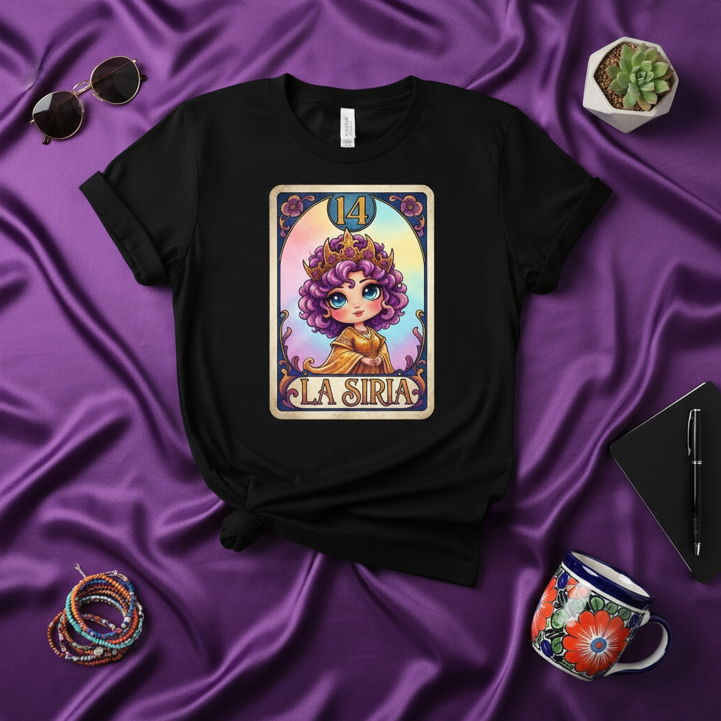 LA SIRIA Lotería Card 14 T-Shirt, Cute Queen Design, Mexican Bingo Game Inspired, Unisex Graphic Tee, Aesthetic Mystical Style Apparel