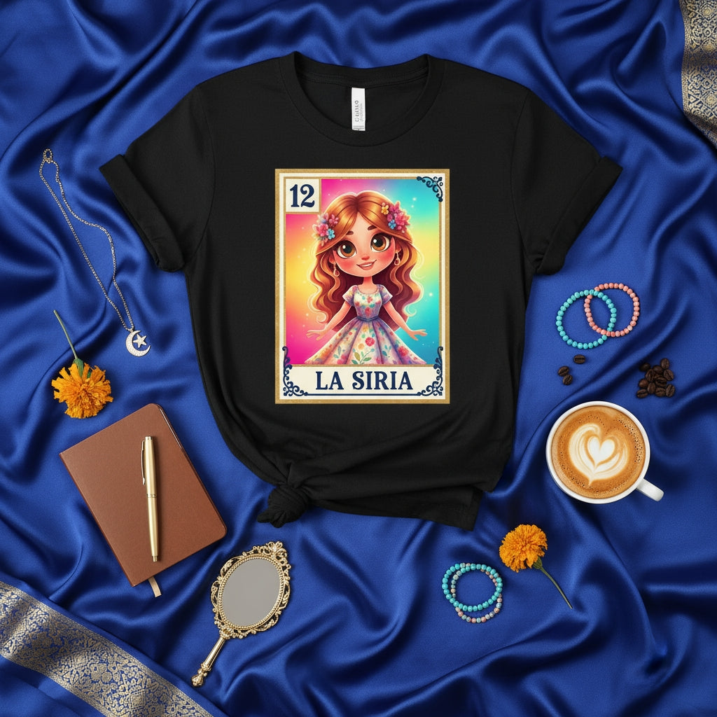 LA SIRIA Cute Girl Loteria Card T-Shirt | Mexican Bingo Game Graphic Tee | Fun Colorful Design Unisex Shirt | Kawaii Style Floral Dress Gift for Her
