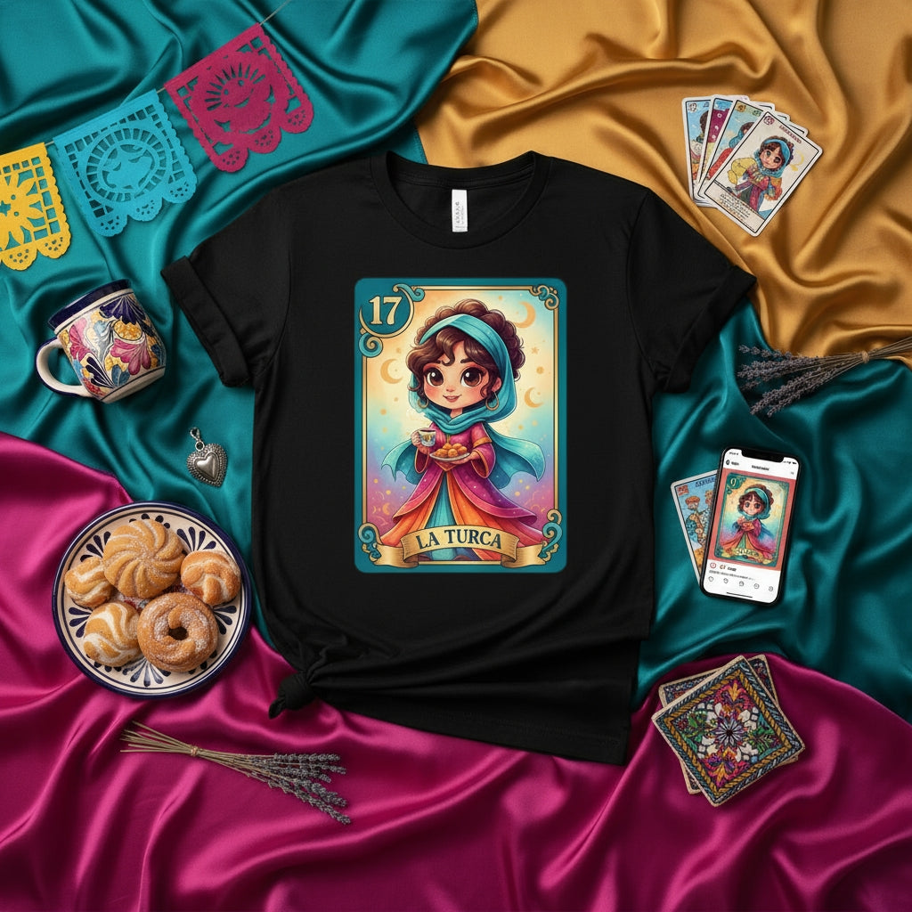 LA TURCA La Lotería Card 17 T-Shirt, Cute Cartoon Girl with Coffee and Pan Dulce Design, Unique Unisex Graphic Tee for Hispanic Heritage and Culture Celebration, Mexican Bingo Game Inspired Apparel Gift