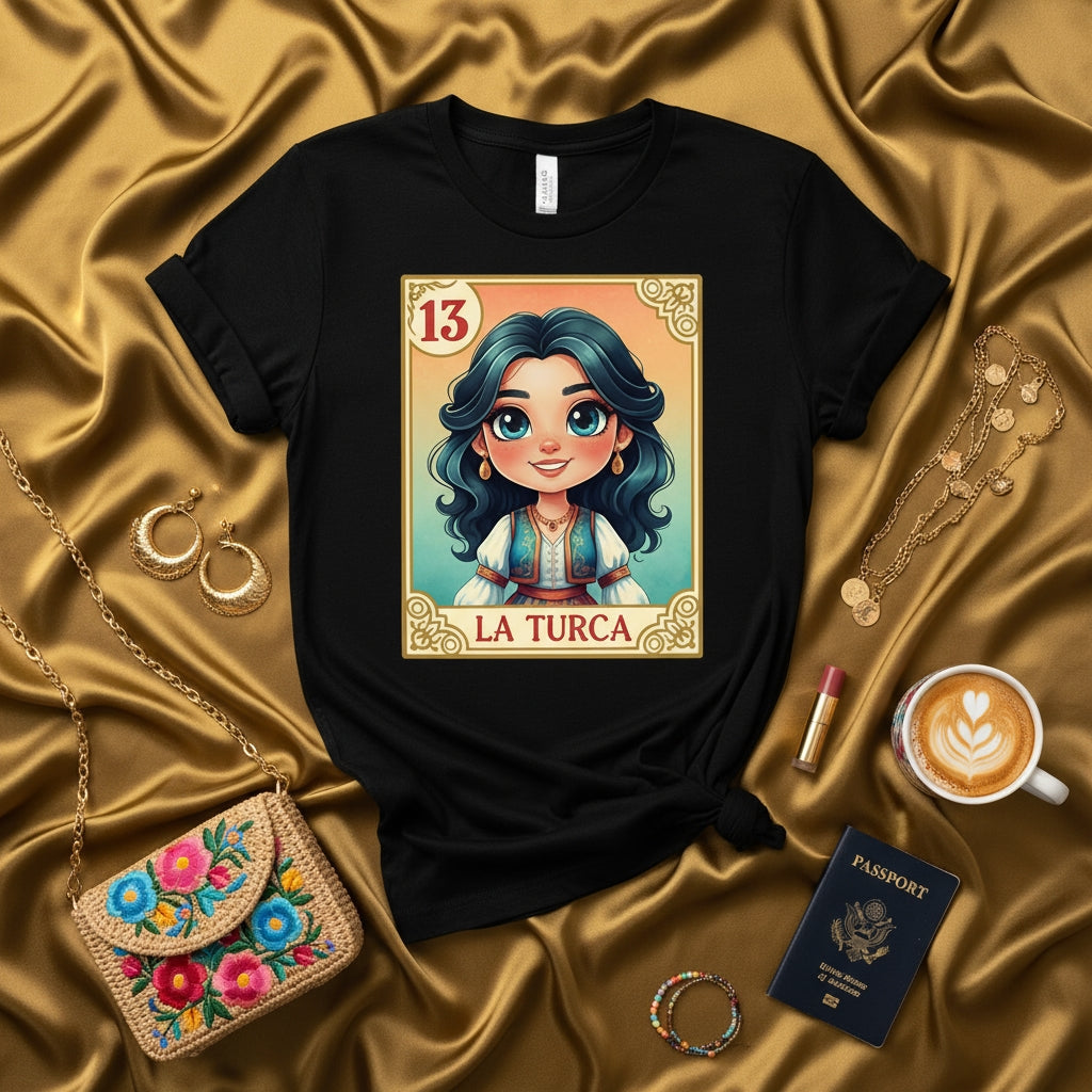 LA TURCA La Lotería Card 13 Unisex T-Shirt - Cute Cartoon Woman Portrait Design, Traditional Mexican Bingo Game Art Tee, Short Sleeve Black Shirt, Gift for Her Him