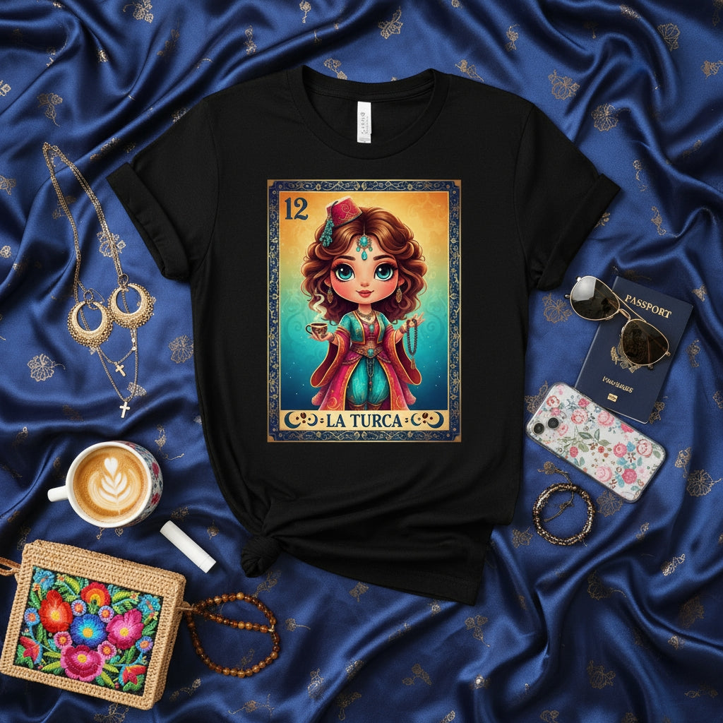 LA TURCA Loteria Card T-Shirt, Cute Cartoon Girl with Fez and Coffee, Mexican Bingo Game Art, Unisex Graphic Tee Gift