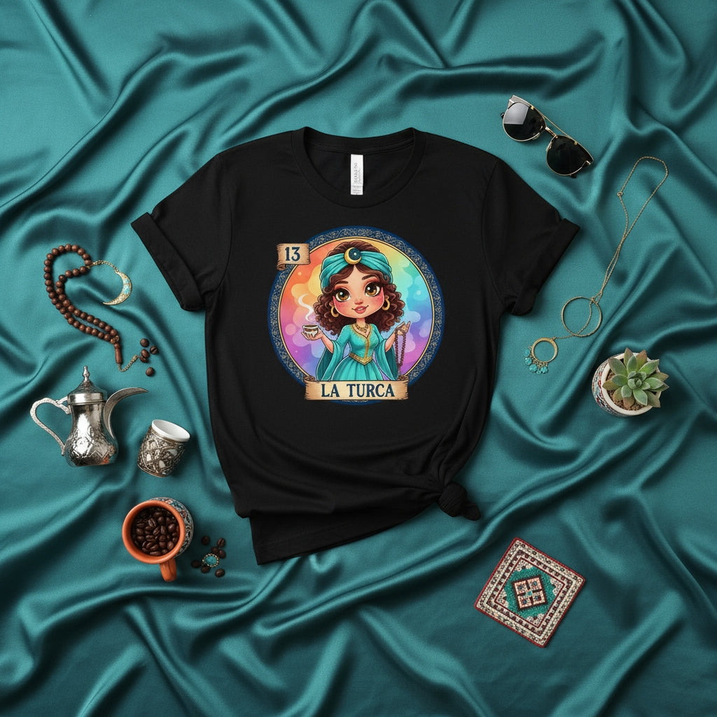 LA TURCA La Lotería Card 13 Unisex T-Shirt - Cute Chibi Turkish Woman with Coffee, Multicultural Art Graphic Tee, Novelty Gift for Him/Her, Rainbow Background Style Design
