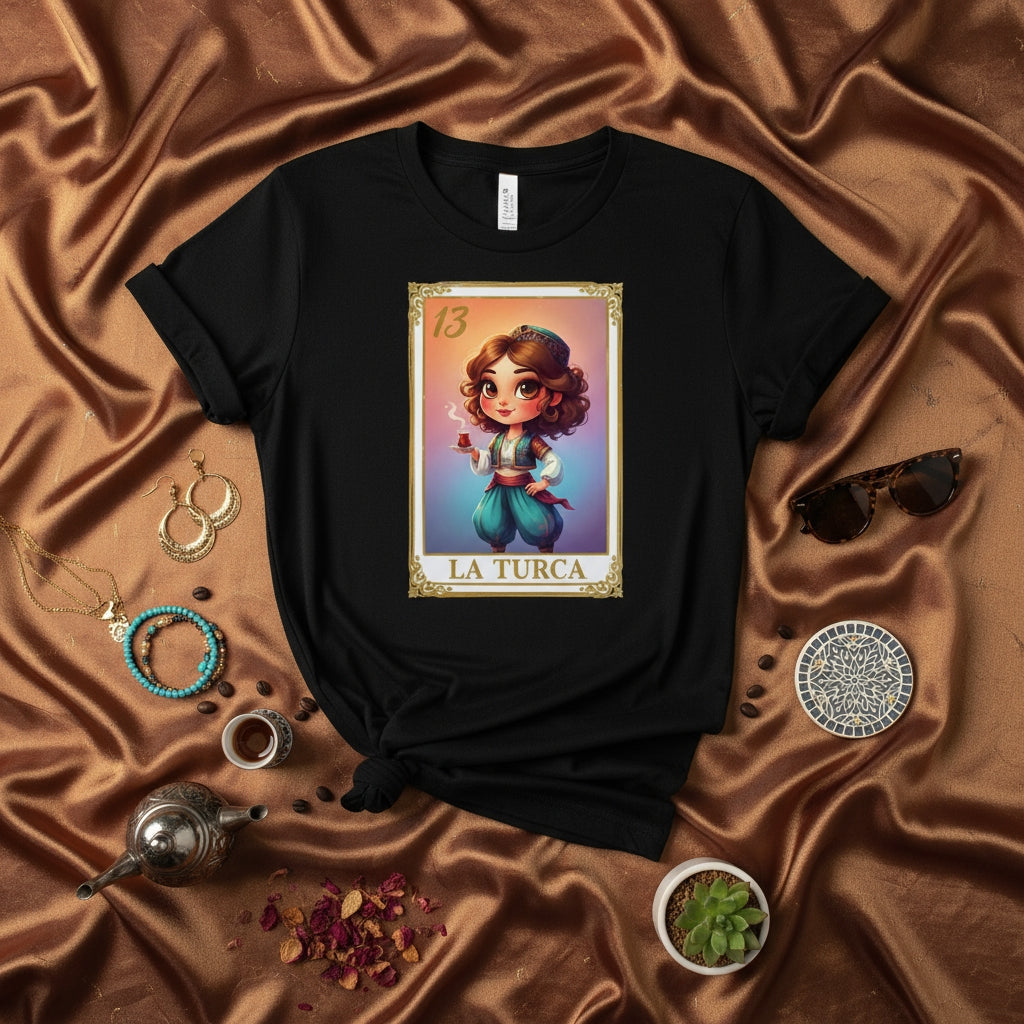 LA TURCA Lotería Card T-Shirt, Número 13 The Turk Woman Inspired Design, Cute Kawaii Art Unisex Tee, Mexican Bingo Game Lover Gift, Cultural Heritage Apparel