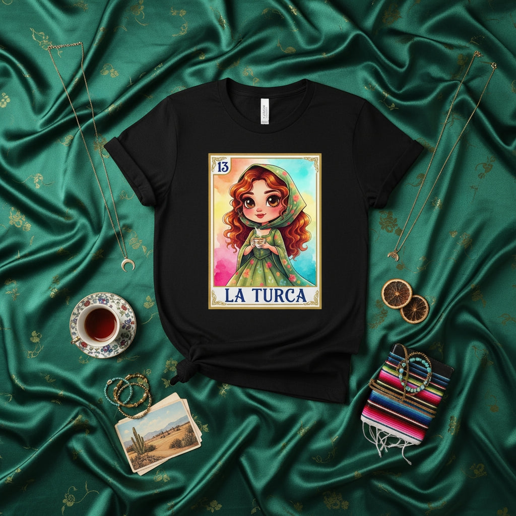 LA TURCA Cute Chibi Girl Loteria Card T-Shirt, Mexican Bingo Game Art Tee, La Dama Illustration Graphic Shirt, Vibrant Folkloric Style Gift