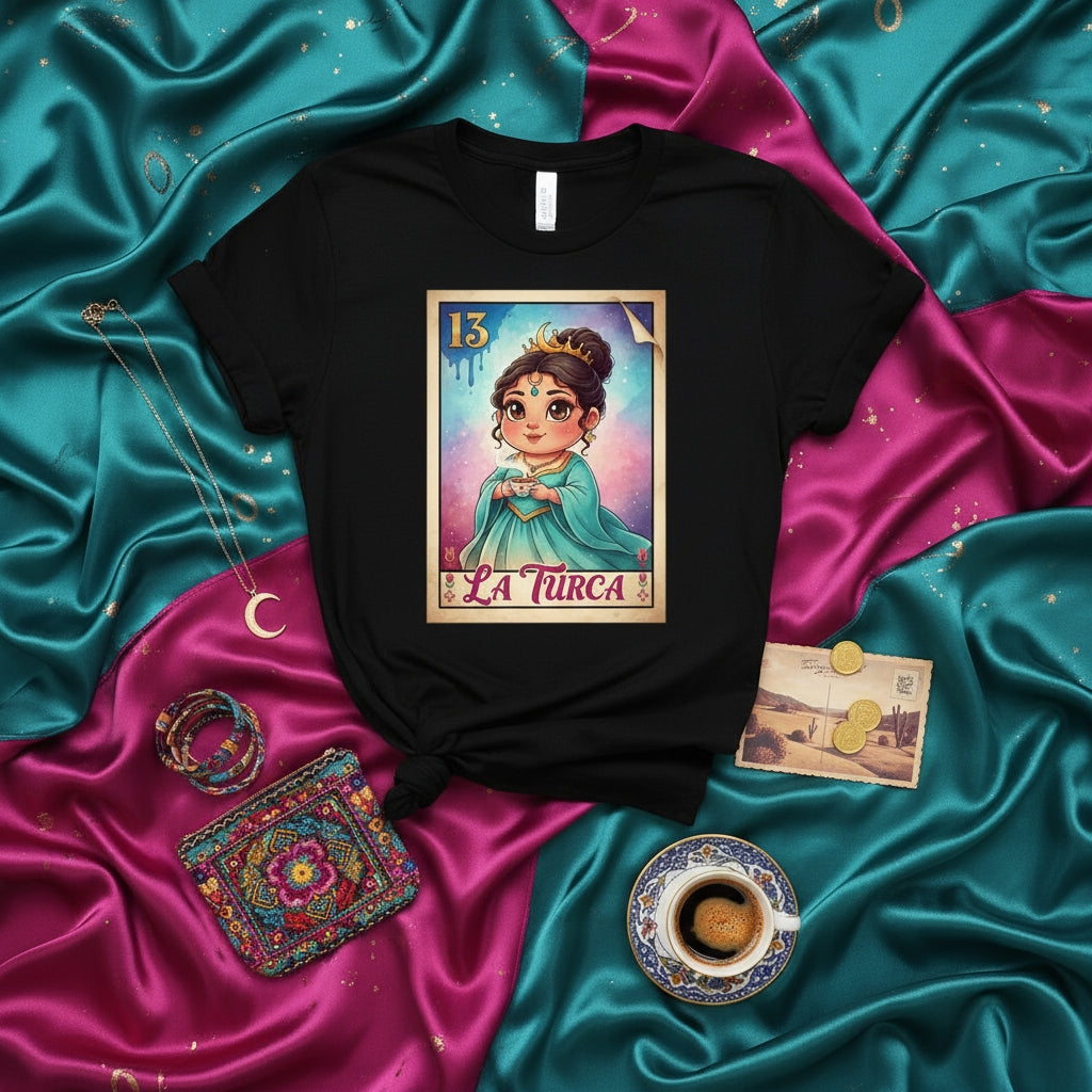 La Turca 13 Loteria Card T-Shirt, Cute Princess Queen Design, Traditional Mexican Bingo Game Apparel, Unisex Graphic Tee Gift for Women, Men, and Kids