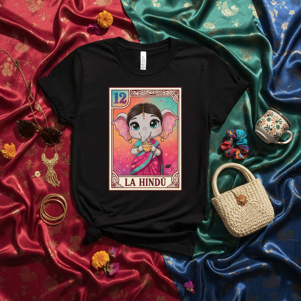 LA HINDÚ Cute Baby Elephant God Ganesha Lotería Card T-Shirt Indian Culture Festival Diwali Gift Unisex Tee