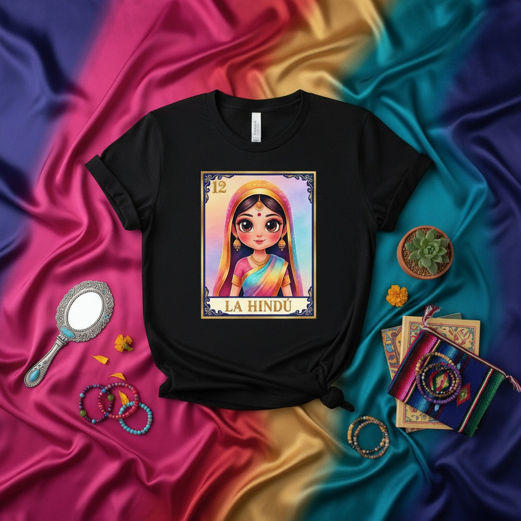 LA HINDÚ Loteria Card T-Shirt, Rainbow Sari, Indian Girl Art, Mexican Bingo Game Design, Unisex Graphic Tee, Aesthetic Multicultural Apparel, Cute South Asian Heritage Shirt, Number 12
