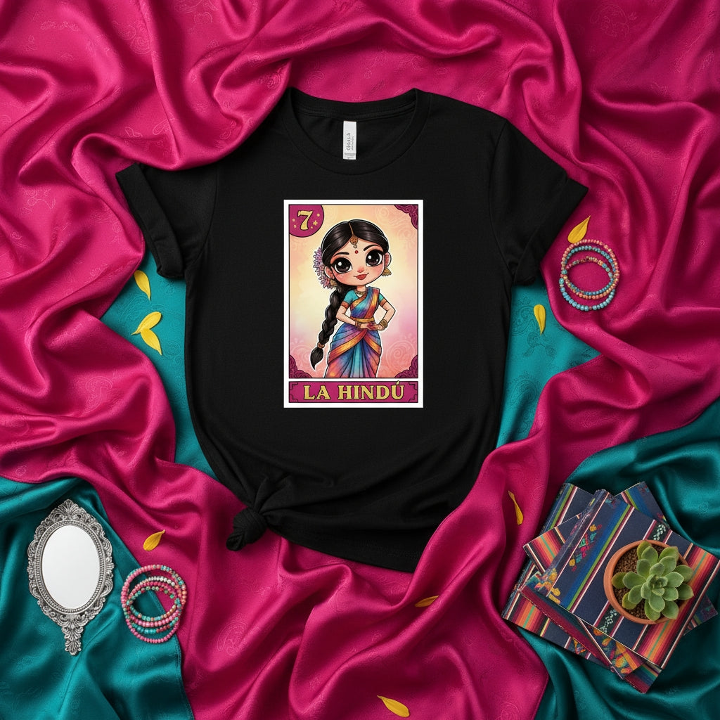 LA HINDÚ Cute Indian Girl Loteria Card T-Shirt Unisex Graphic Tee Desi South Asian Culture Game Inspired Shirt Number 7 Design Apparel