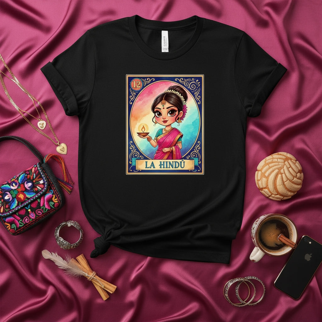 LA HINDÚ Loteria Card T-Shirt, Diwali Festival of Lights Design, Cute Indian Woman with Diya, Cultural Graphic Tee, Unisex Gift for Her or Him