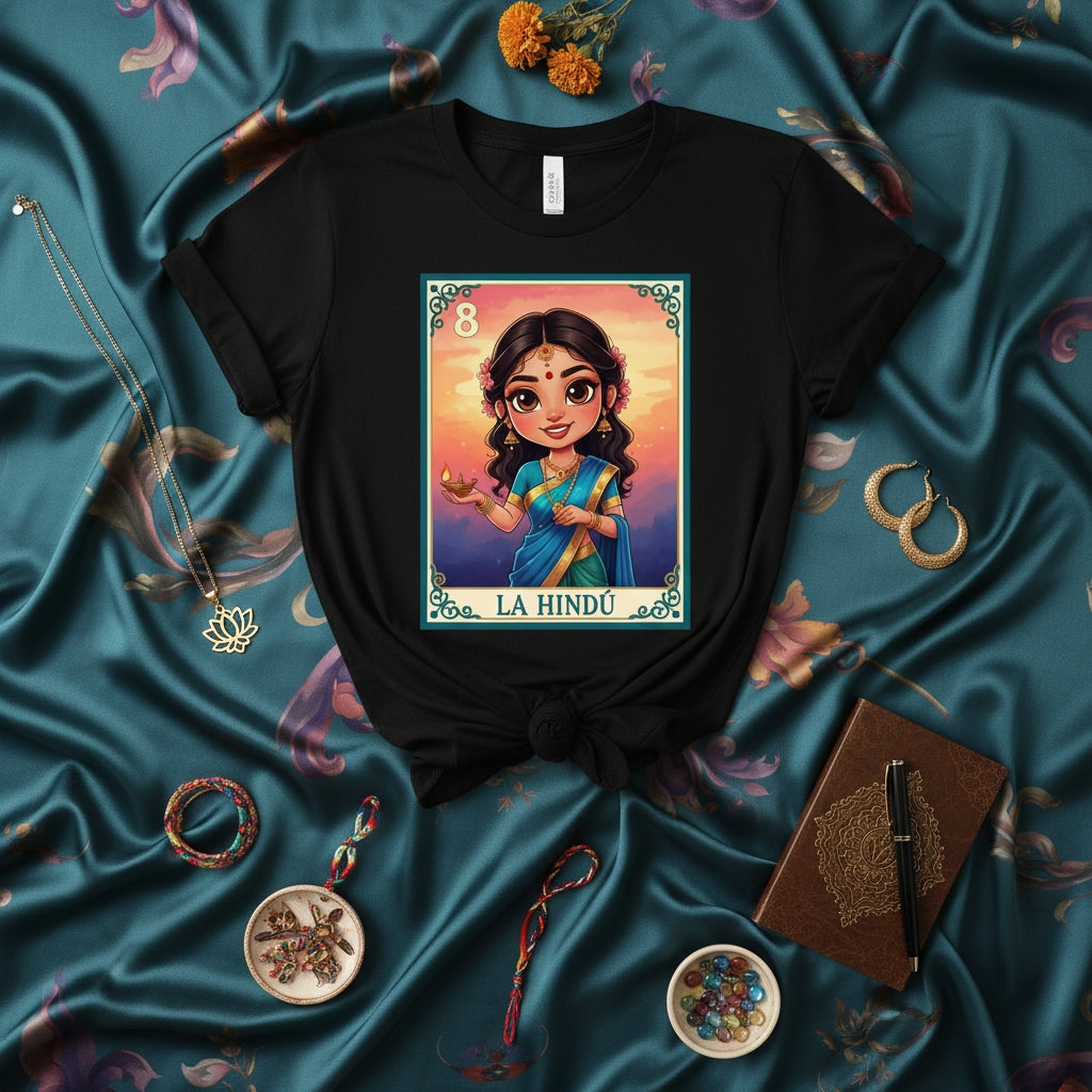 LA HINDÚ Cute Indian Girl Loteria Card T-Shirt, South Asian Culture Inspired Graphic Tee, Number 8 Goddess Style Art Shirt, Mexican Bingo Game Fashion Gift for Her