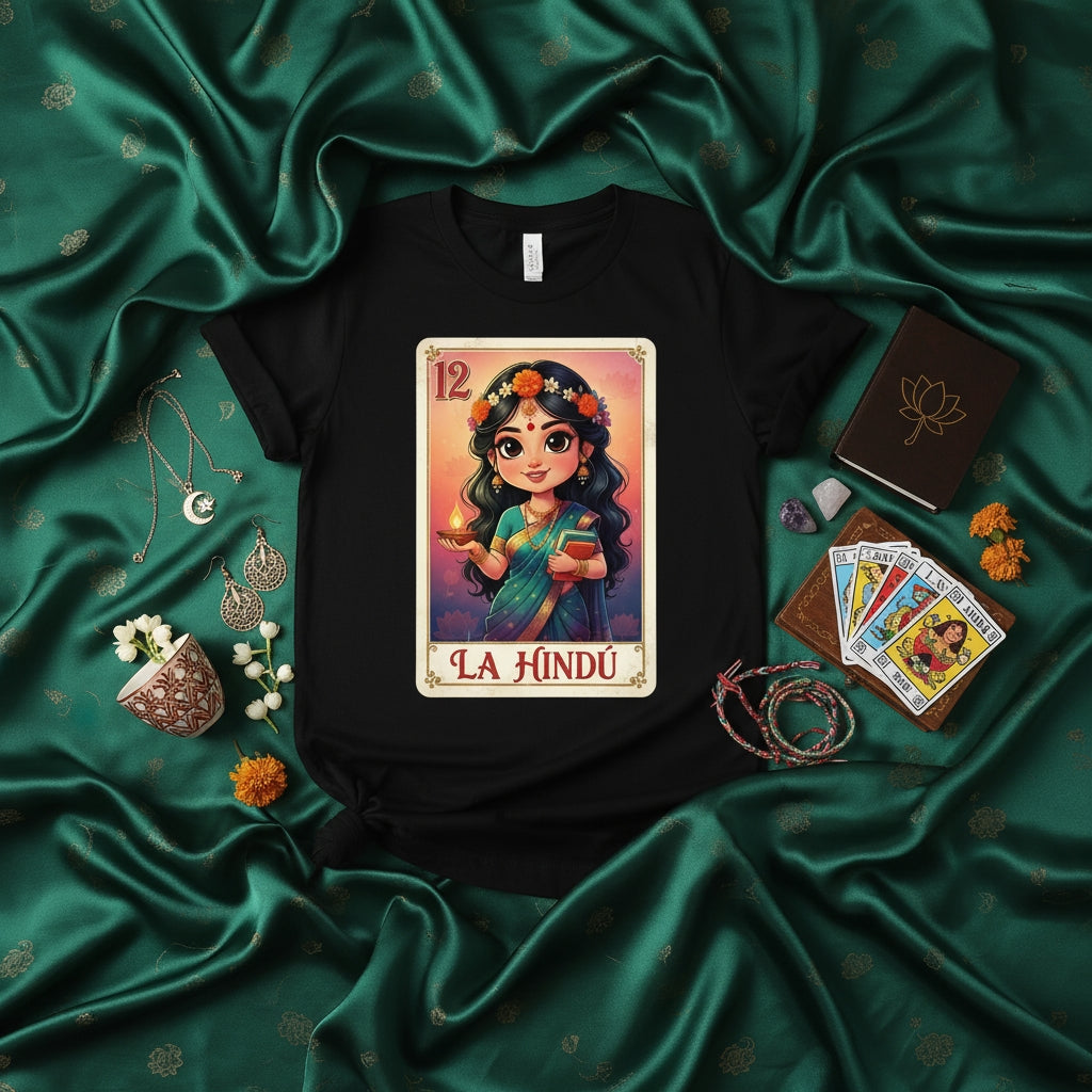 La Hindú Cute Hindu Goddess Loteria Card T-Shirt Indian Culture Spiritual Tarot Game Tee Shirt Gift for Women Ethnic Theme Graphic Top Number 12