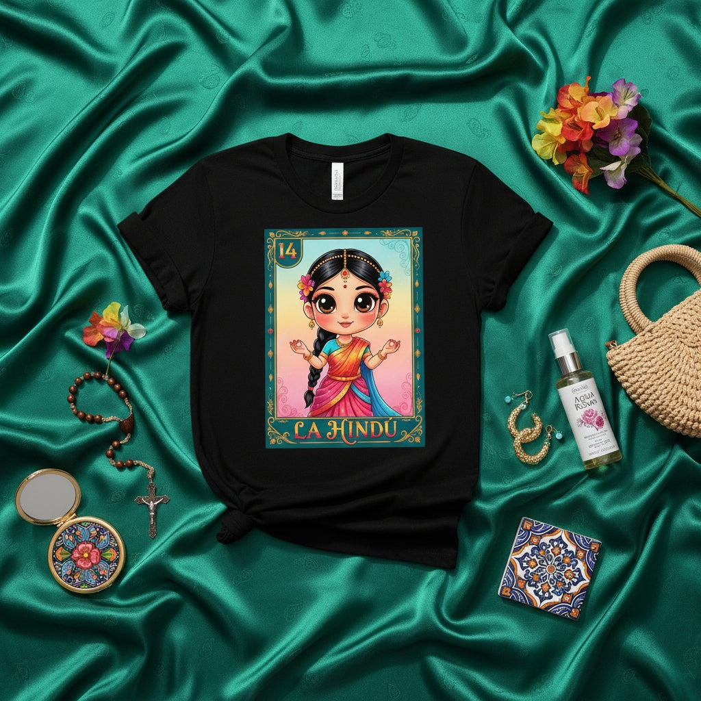 LA HINDÚ Cute Chibi Goddess Hindu Culture Mexican Loteria Card Graphic Tee Unisex Shirt, India Inspired Festival Gift Apparel, Number 14 Design