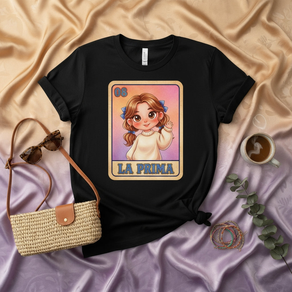 LA PRIMA Cute Little Cousin Loteria Card Graphic T-Shirt, Funny Hispanic Family Gift Tee, Mexican Game Day Shirt, Women's Men's Unisex Apparel