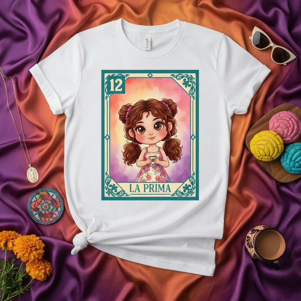 La Prima Cute Cartoon Niece Lotería Card T-Shirt, Mexican Bingo Game Cousin Tee, Number 12 Girl Floral Dress Top, Latina Heritage Gift Shirt, Day of the Dead Inspired Apparel
