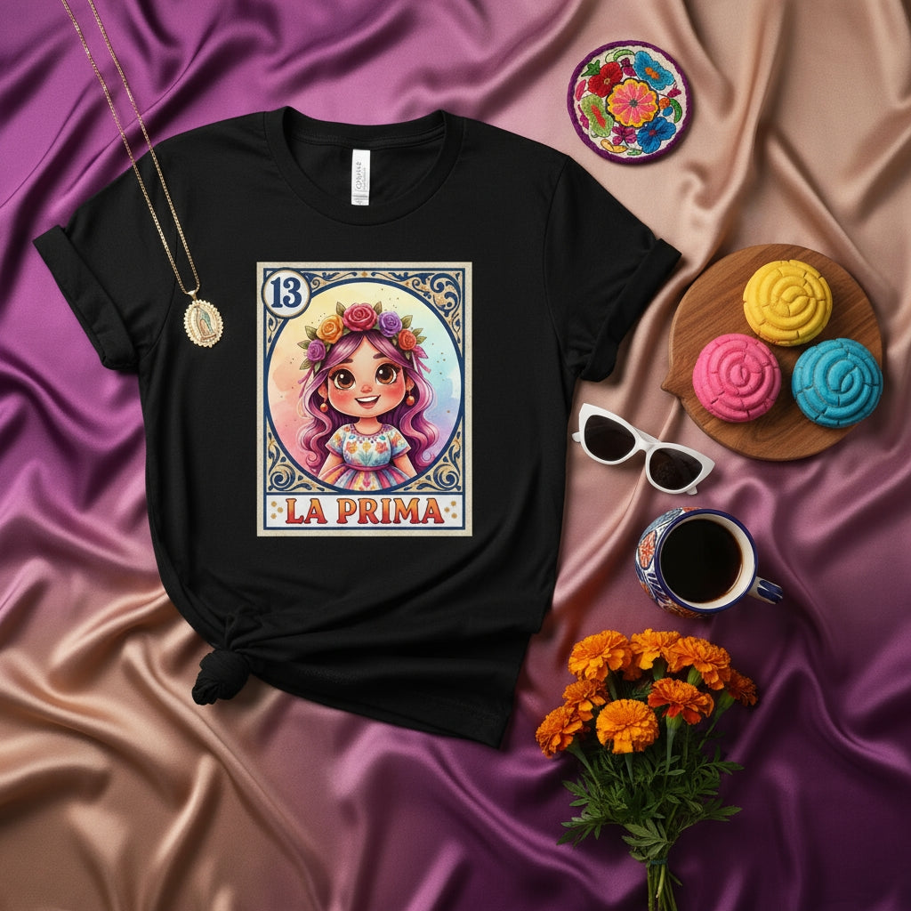LA PRIMA Mexican Loteria Card Unisex T-Shirt - Cute Cousin Girl Floral Crown Design, Dia de Muertos Gift Tee for Women and Family, Latinx Heritage Apparel
