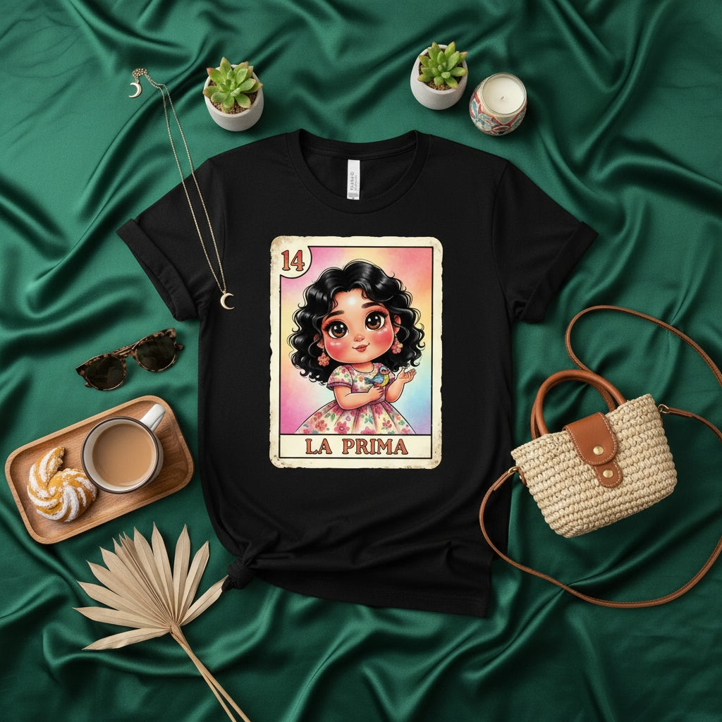 LA PRIMA Cute Chibi Girl Loteria Card Design Unisex T-Shirt, Mexican Bingo Game The Cousin Graphic Tee, Latin Culture Apparel Gift, Number 14
