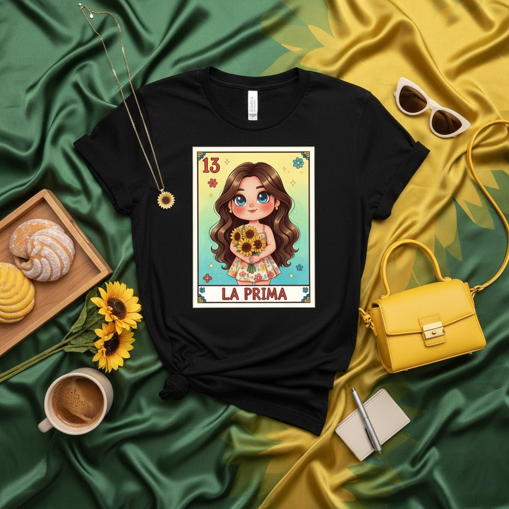 LA PRIMA Cute Sunflower Girl Lotería Card 13 Unisex T-Shirt - Mexican Bingo Game Graphic Tee for Cousins and Family Fun