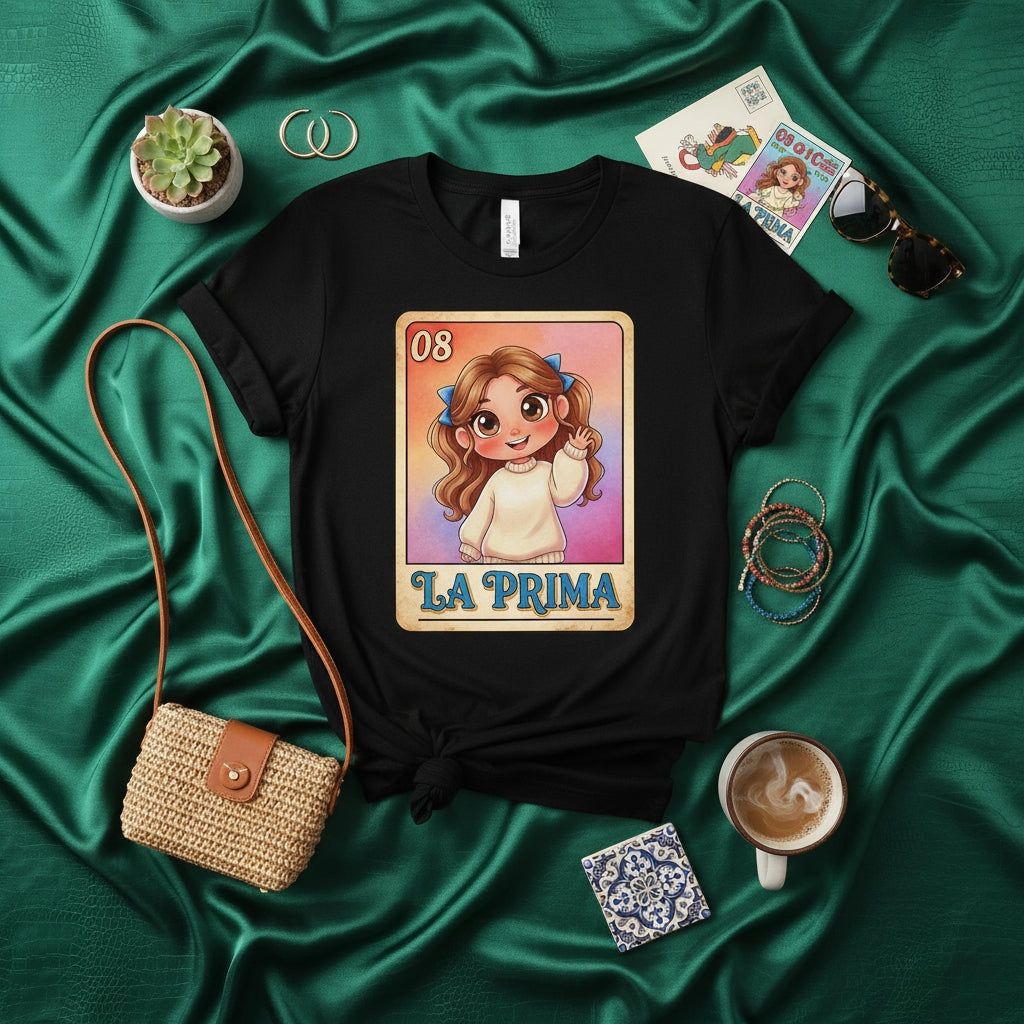 LA PRIMA Cute Little Cousin Loteria Card Graphic T-Shirt, Mexican Bingo Game Inspired Unisex Tee, Family Gift, Latina Heritage Apparel, Number 08