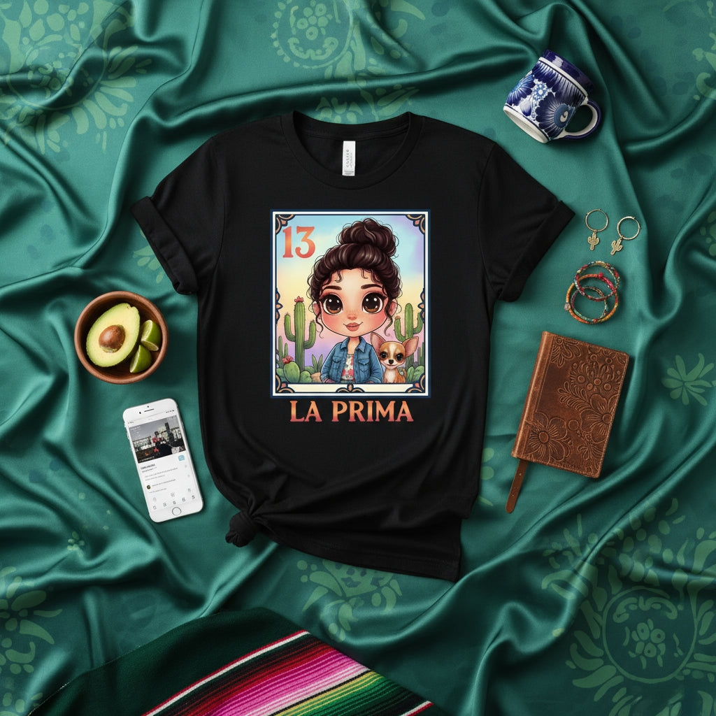 LA PRIMA La Loteria Card Cute Cousin Chihuahua Cactus Women's Unisex T-Shirt Gift for Her Latina Family Birthday Present Aesthetic Graphic Tee