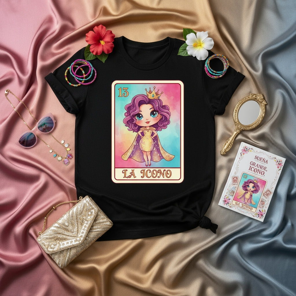 LA ICONO Loteria Card T-Shirt: Cute Cartoon Queen in a Crown Graphic Tee, Mexican Bingo Inspired Design for Women and Men, Hispanic Heritage Gift, Number 13 Artwork, Black Unisex Shirt