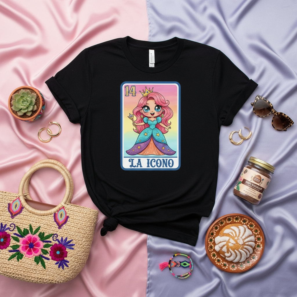 La Icono Cute Kawaii Chibi Princess Loteria Card Art T-Shirt - Funny Mexican Bingo Game Inspired Tee for Women and Girls, Latina Style Gift, Number 14 Design Top, Unofficial Lotería Fashion