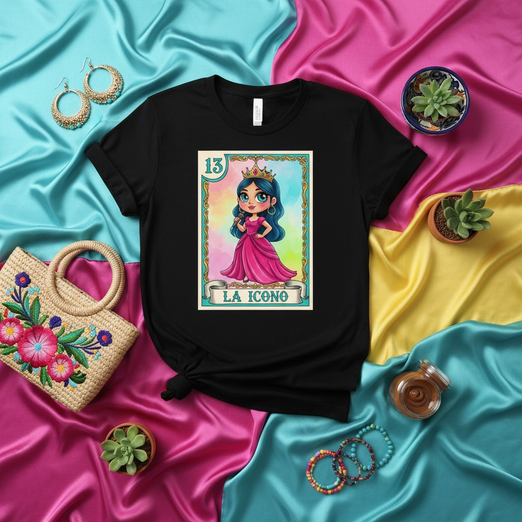 LA ICONO Lotería Card T-Shirt, Queen Princess Character Graphic Tee, Hispanic Culture Mexican Bingo Game Themed Apparel, Cute Cartoon Design Unisex Shirt
