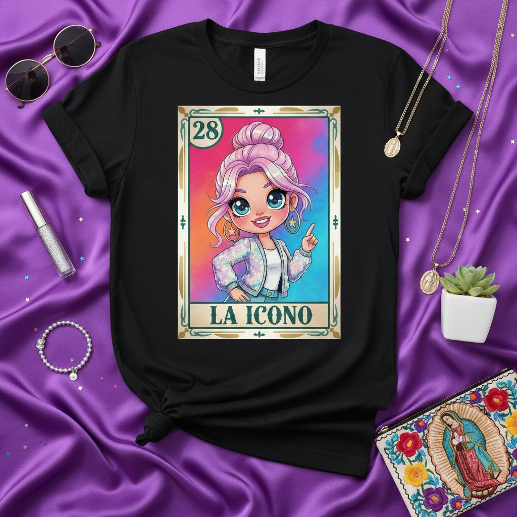 LA ICONO La Lotería Card 28 Cute Pastel Girl Glitter Jacket T-Shirt, Mexican Bingo Game Card Design Tee, Funny Graphic Top for Women, Unisex Gift for Her, Trendy Kawaii Style Apparel