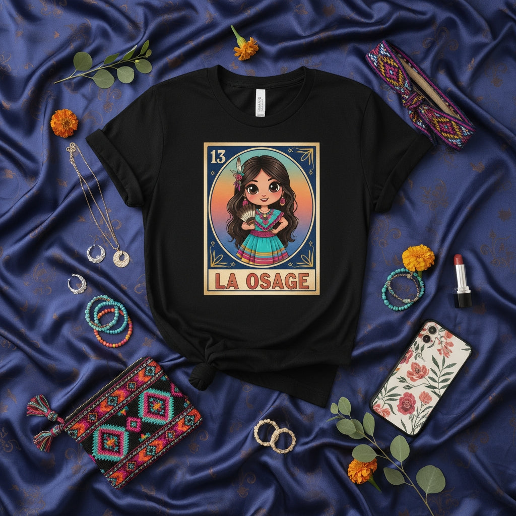 LA OSAGE Lotería Card T-Shirt, Cute Cartoon Girl with Fan Design, Mexican Bingo Game Inspired, Indigenous Culture Style Unisex Graphic Tee