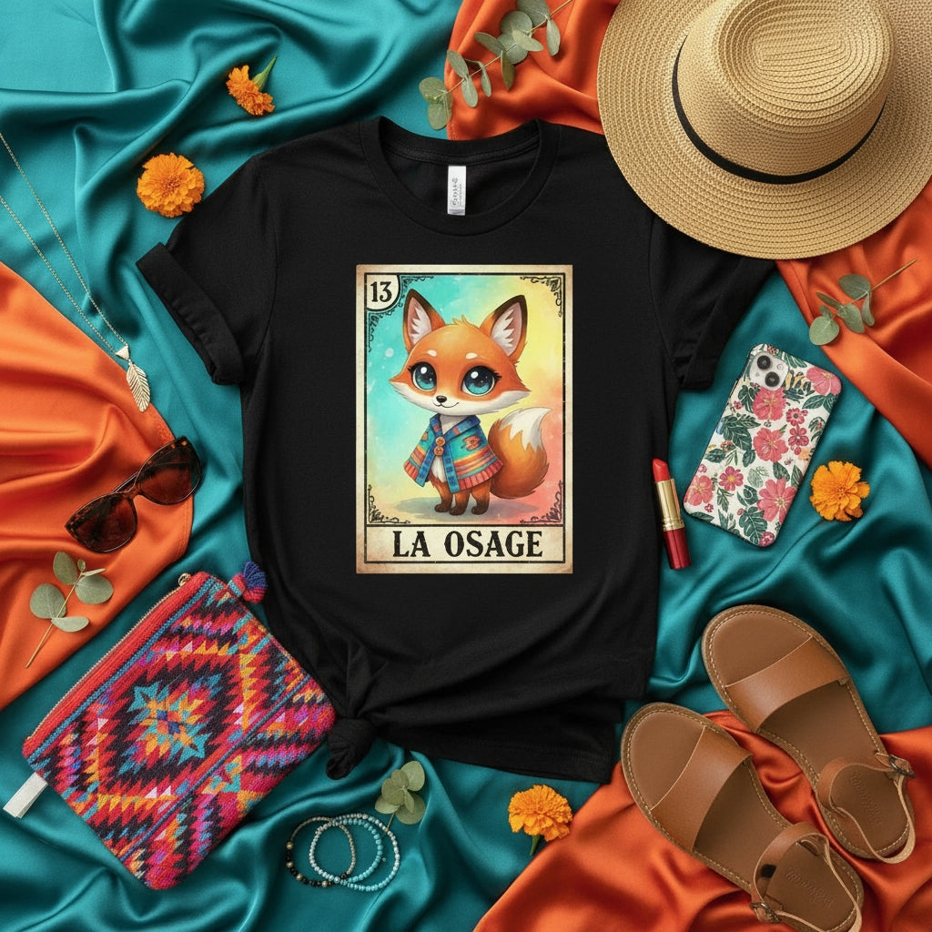 LA OSAGE Loteria Card T-Shirt, Cute Fox Graphic Tee, Unisex Mexican Bingo Inspired Design, Orange Teal Aesthetic Apparel, Southwest Style Fashion Gift