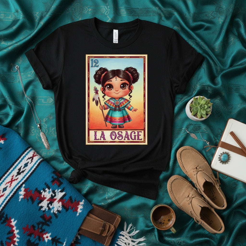 LA OSAGE Osage Nation Indigenous Girl Loteria Card Style T-Shirt Native American Inspired Art Chibi Graphic Unisex Tee Gift