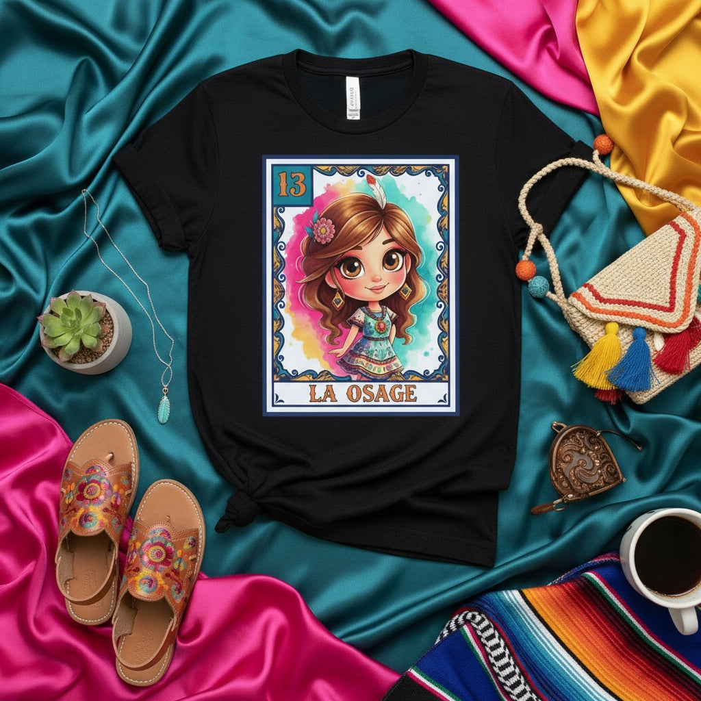 LA OSAGE Loteria Card Shirt, Native American Osage Tribal Pride Tee, Cute Chibi Girl Graphic T-Shirt, Indigenous Heritage Gift Idea, Number 13 Bingo Game Design, Unisex Apparel