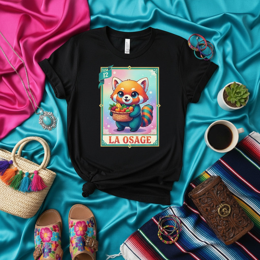 LA OSAGE Red Panda T-Shirt, Mexican Lotería Card Design, Cute Animal Graphic Tee, Rainbow Background, Unisex Funny Game Art Apparel, Vibrant Culture Style Gift Idea