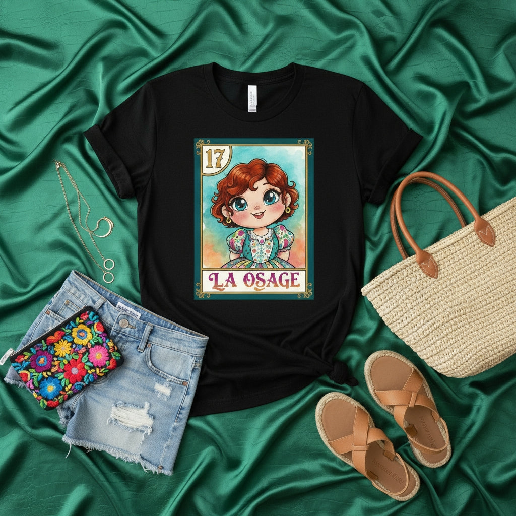 LA OSAGE Cute Redhead Girl Loteria Card T-Shirt, Graphic Tee, Mexican Bingo Inspired Design, Funny Cartoon Portrait Unisex Shirt, Number 17