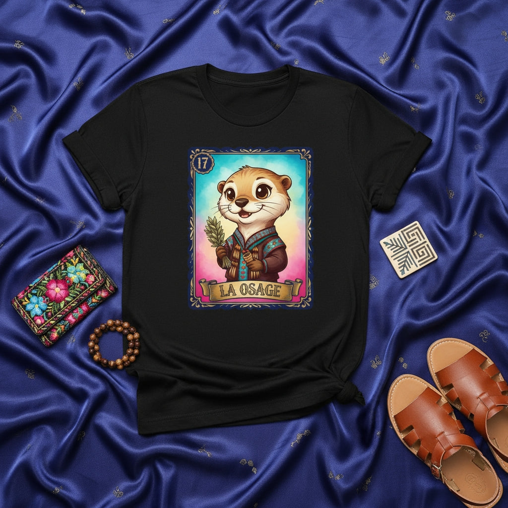 LA OSAGE Cute Otter Loteria Card T-Shirt - Unisex Black Graphic Tee with Number 17 Mexican Bingo Style Art Print, Unique Southwest Indigenous Inspired Design Apparel for Men and Women, Funny Wildlife Animal Shirt Gift