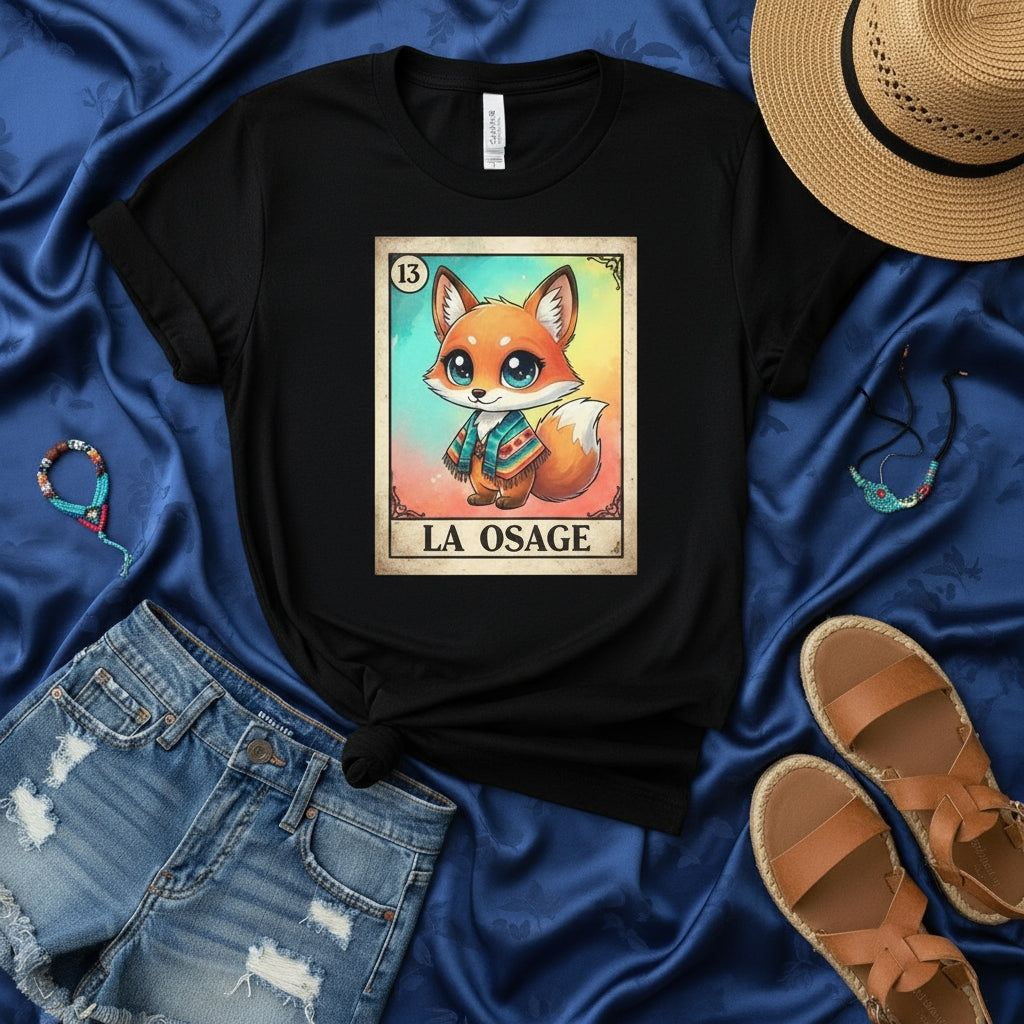 LA OSAGE Cute Fox Osage Blanket Design Loteria Card T-Shirt Unisex Graphic Tee, Aesthetic Southwestern Osage Tribal Art Style Shirt, Kawaii Animal Folkloric Game Style Clothing Gift