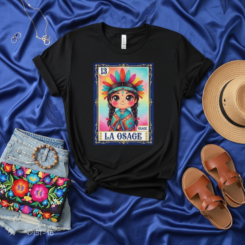 LA OSAGE Osage Native American Girl Loteria Card T-Shirt, Indigenous Heritage Culture Graphic Tee, Traditional Headdress Feathers Cute Cartoon Style Unisex Shirt
