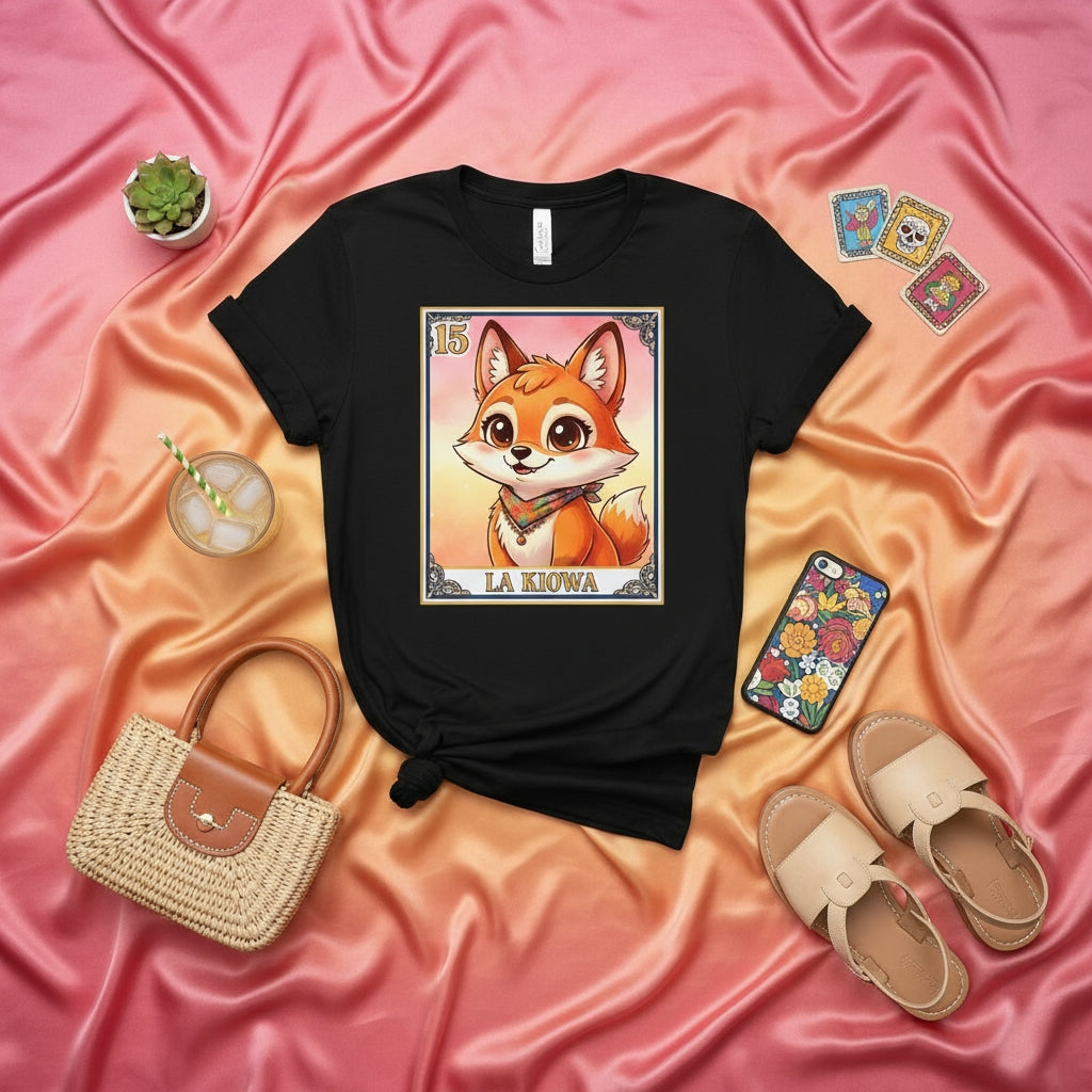 LA KIOWA Loteria Card T-Shirt, Cute Fox Graphic Tee, Unisex Mexican Bingo Art Shirt, Number 15 Kawaii Animal Design, Festival Fashion Apparel