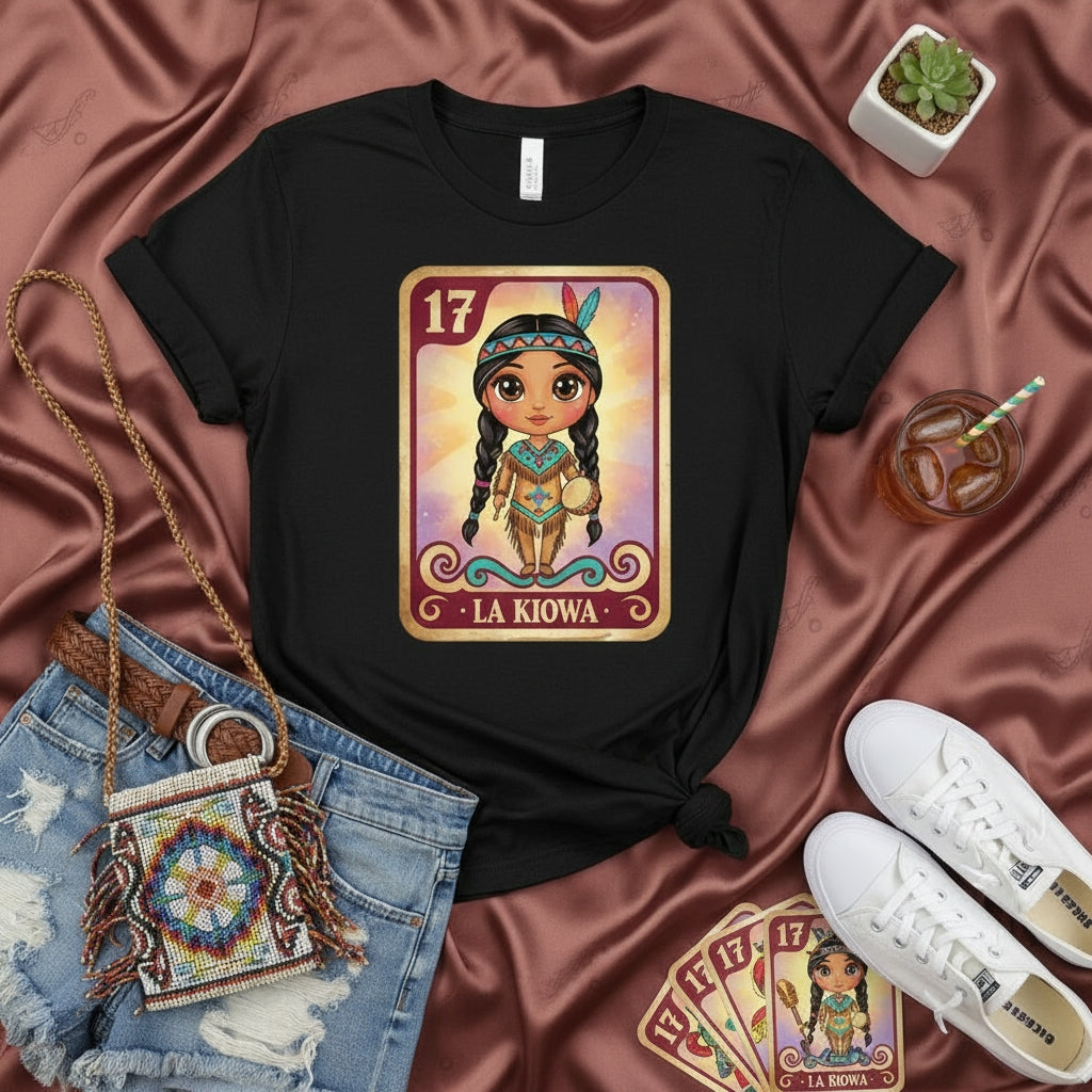 LA KIOWA La Lotería Card 17 T-Shirt, Native American Girl Design, Cute Cartoon Tee, Traditional Mexican Bingo Style, Unisex Graphic Shirt